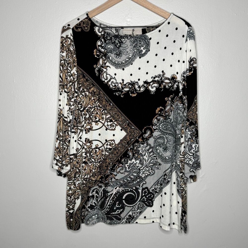 Chico's Travelers‎ Womens Top 2 (12/14) Black White Paisley Stretch 3/4 Sleeve